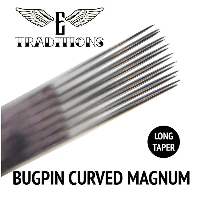 Long taper BugPin curved Magnum tattooing needles used to cover large areas.
