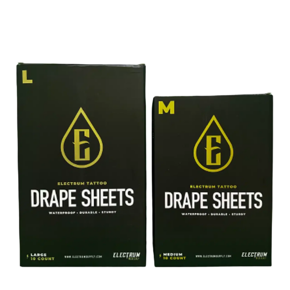 Two boxes of Electrum Disposable Black Drape Sheets, one labeled as large (L) and the other as medium (M), each with a green drop logo and the word 'DRAPESheets' on the front.