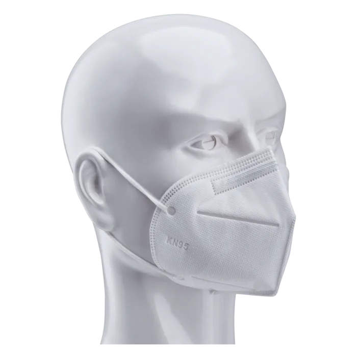 A mannequin head wearing a white KN95 face mask with elastic ear loops.