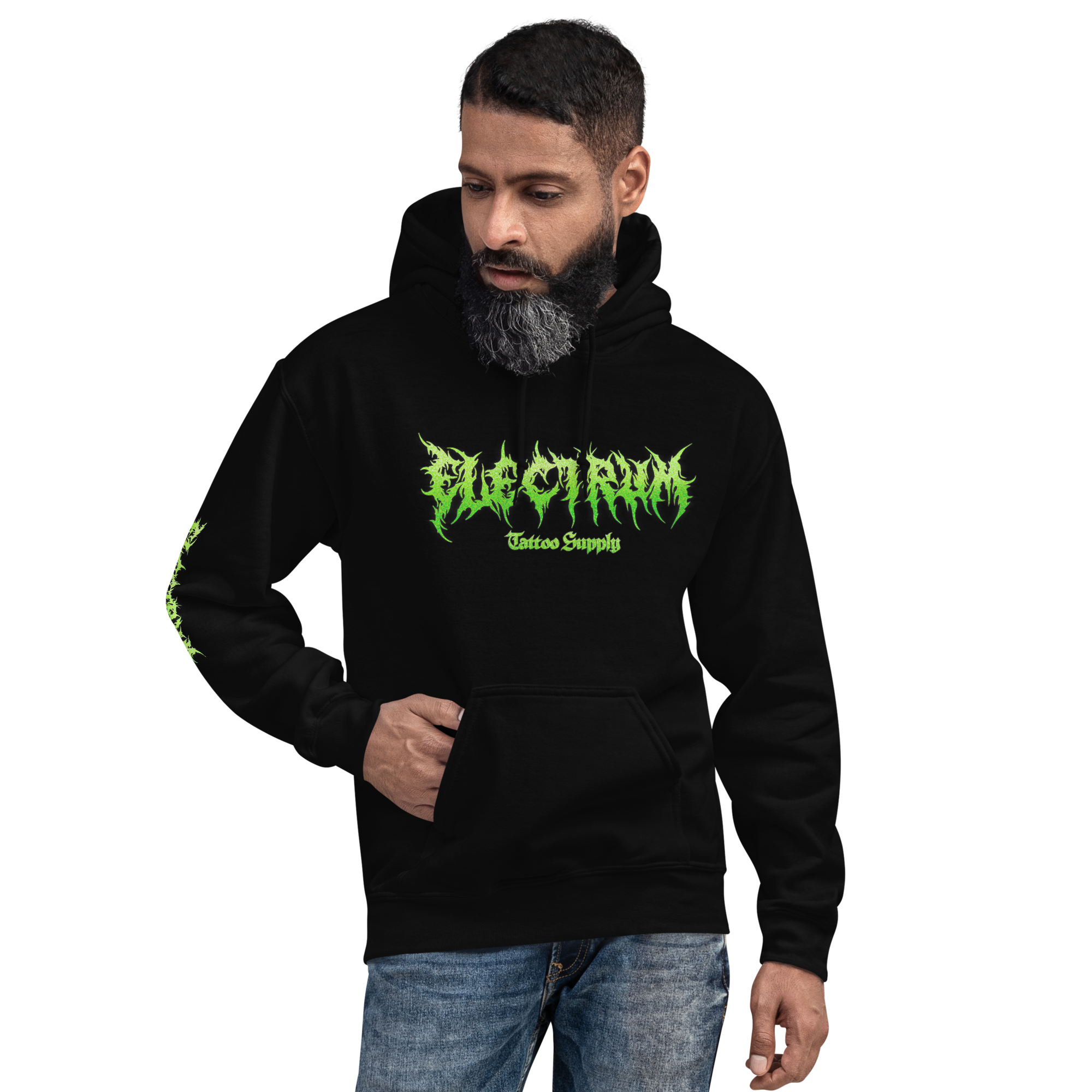 man wearing a black electrum supply hoodie with green metal style lettering on the front, right arm and back