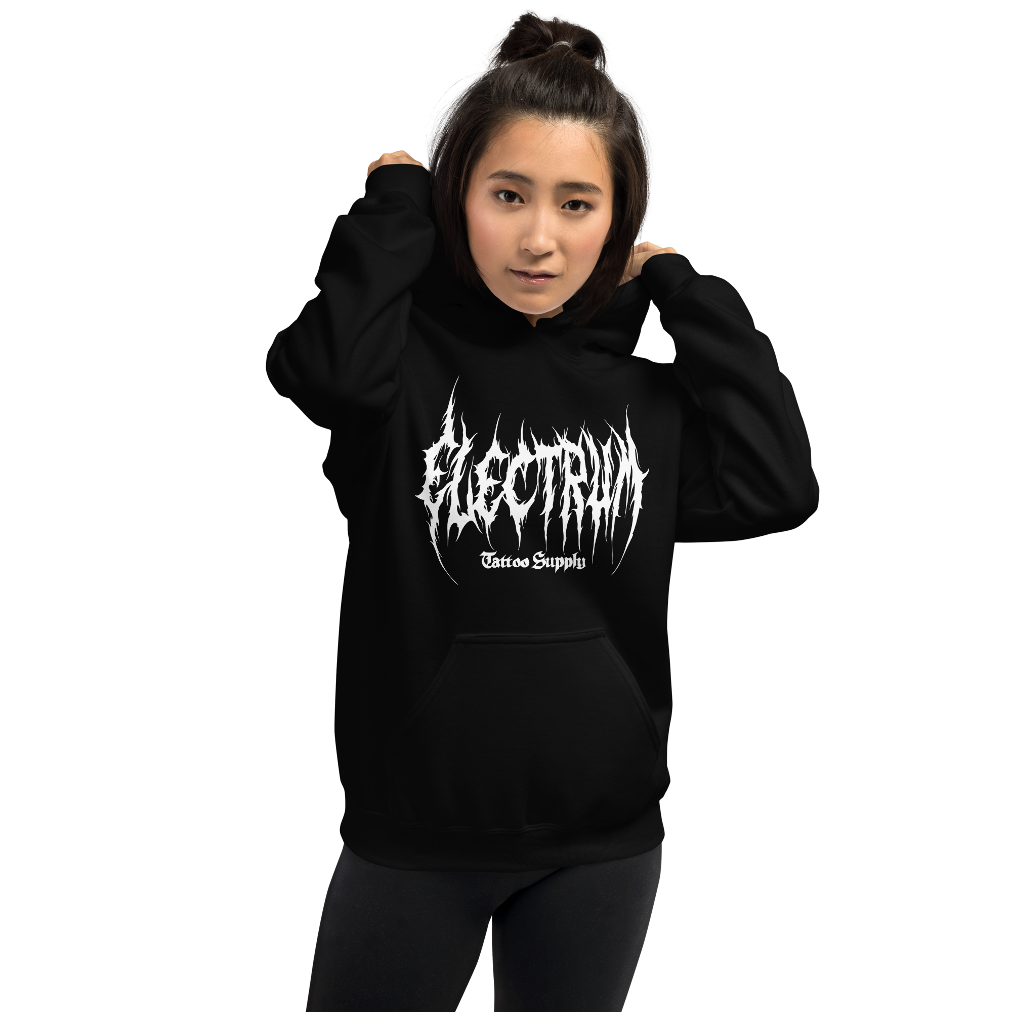 Person wearing a black hoodie with 'Electrum Tattoo Supply' logo in white in a metal inspired font