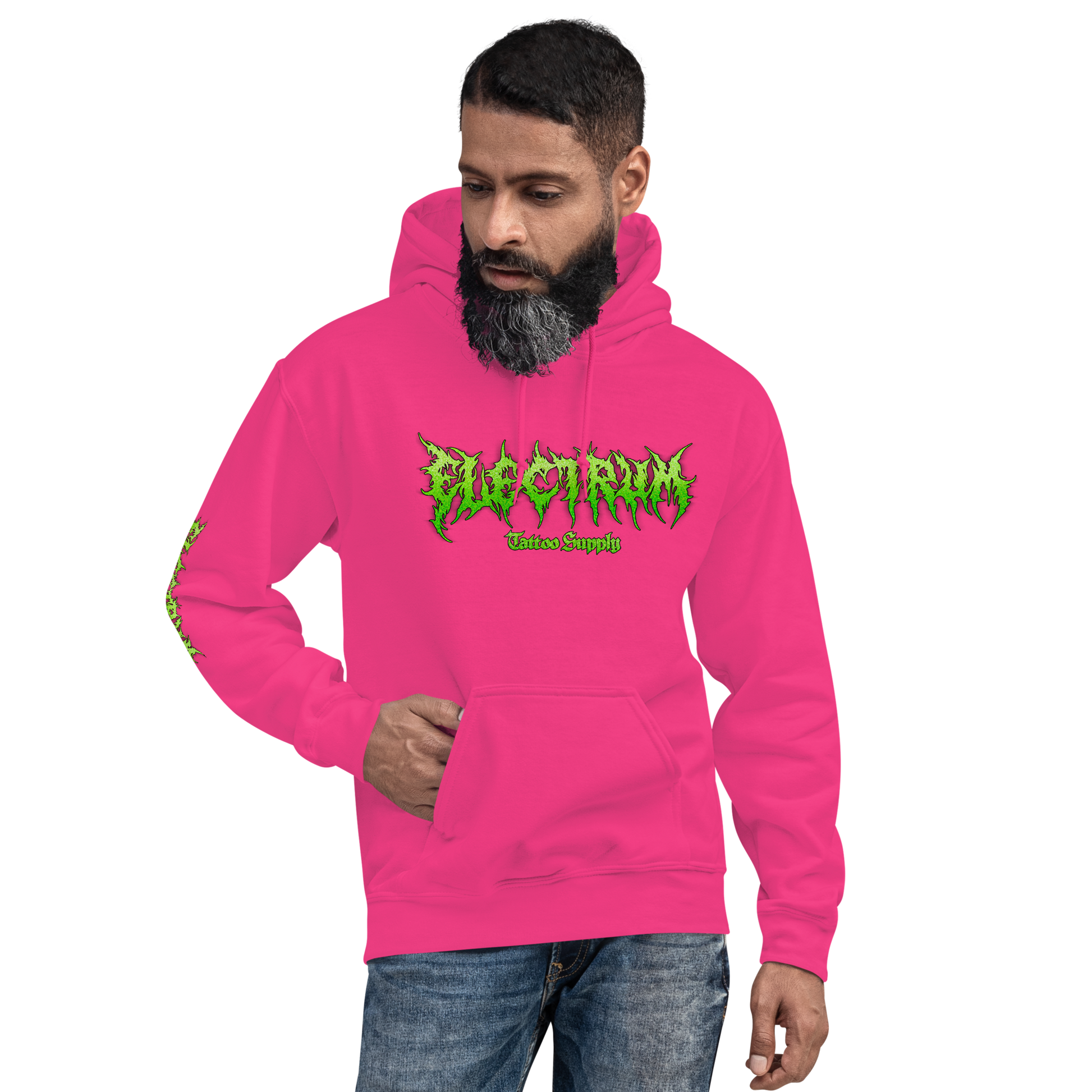 man wearing a hot pink electrum supply hoodie with green metal style lettering on the front, right arm and back