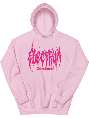 Pink hoodie with pink metal electrum text