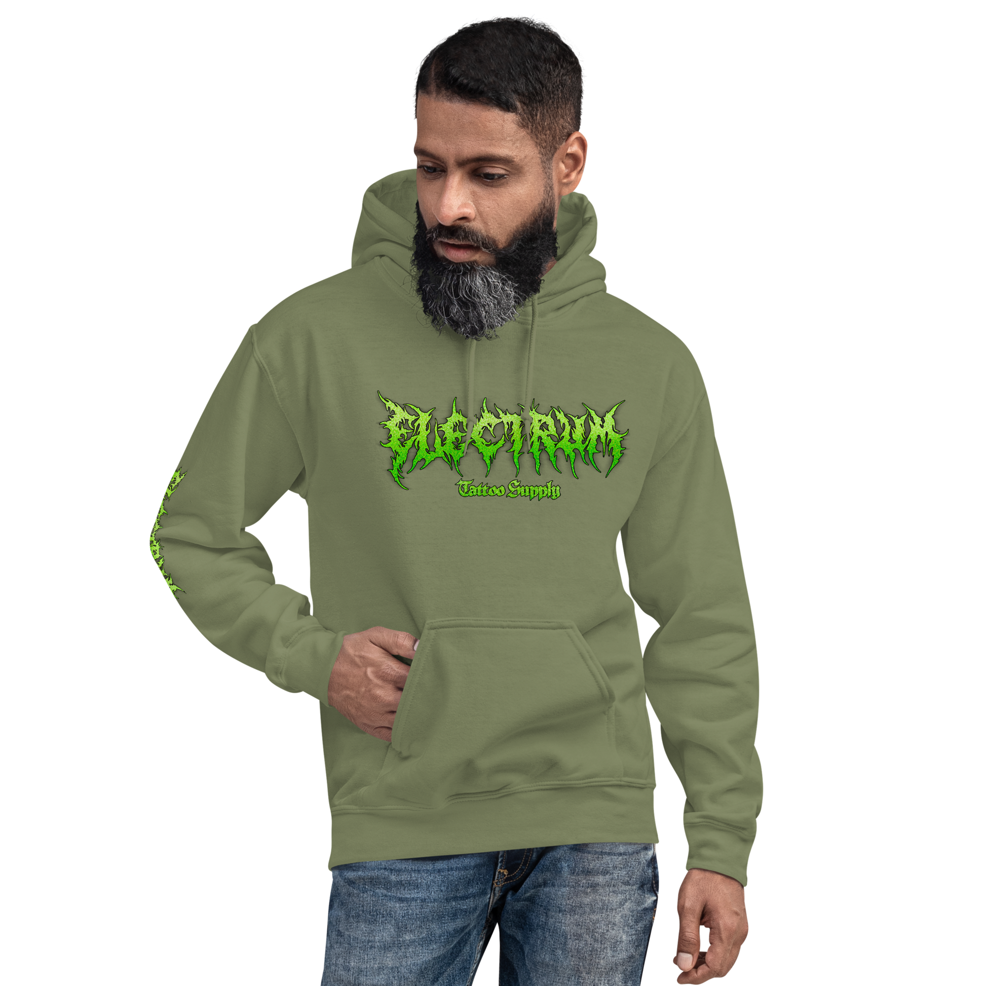 man wearing a green electrum supply hoodie with green metal style lettering on the front, right arm and back