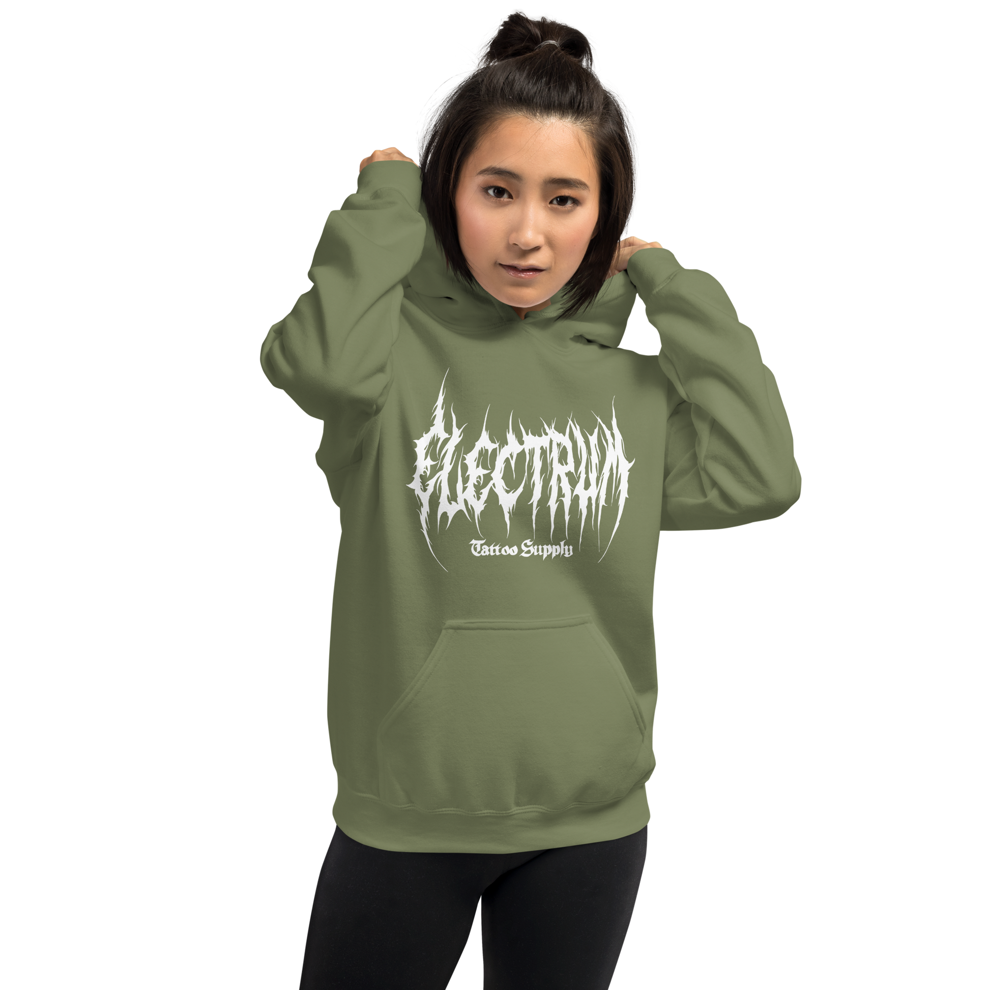 Person wearing a green hoodie with 'Electrum Tattoo Supply' logo in white in a metal inspired font