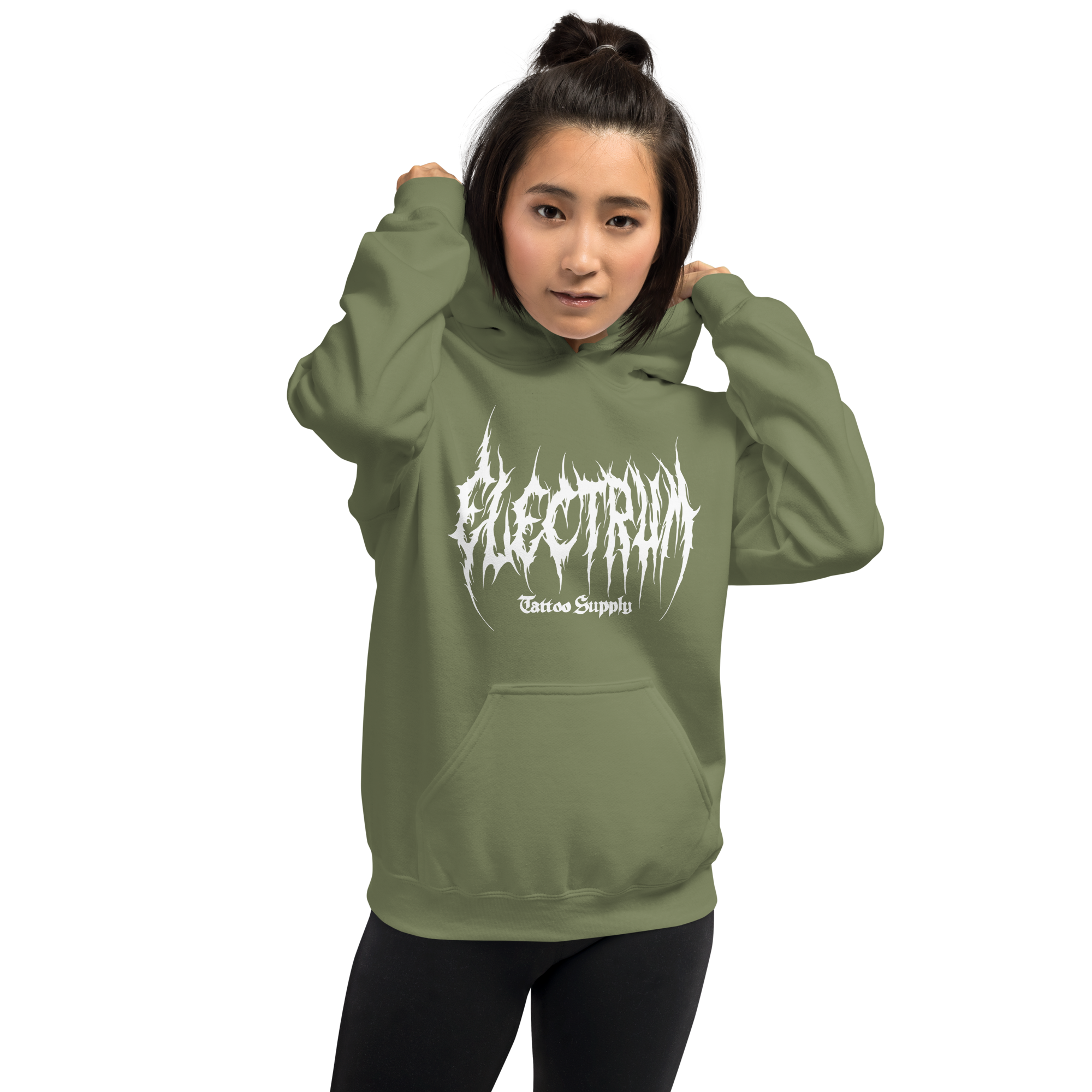 Person wearing a green hoodie with 'Electrum Tattoo Supply' logo in white in a metal inspired font