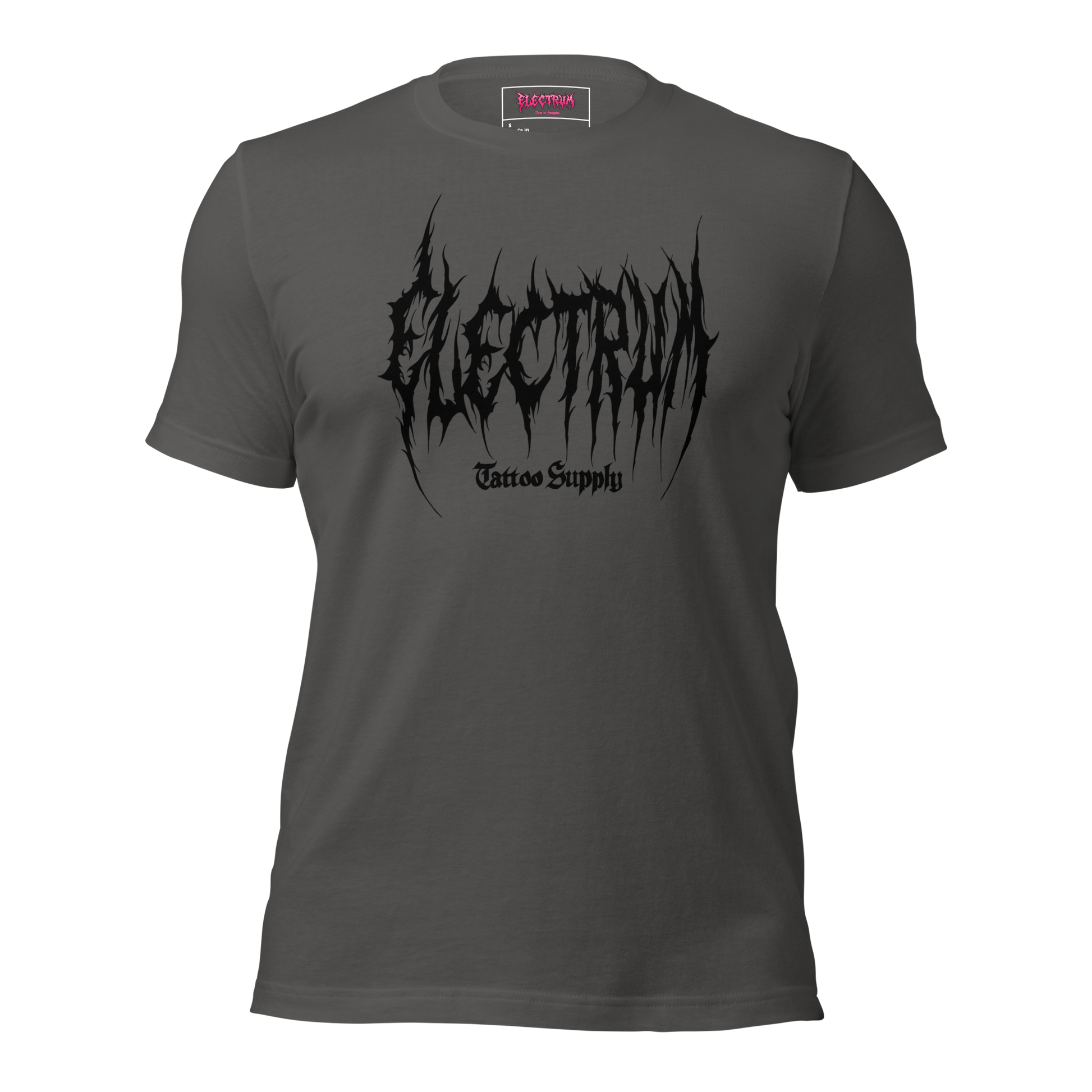 grey t-shirt with black graphic metal font - electrum tattoo supply