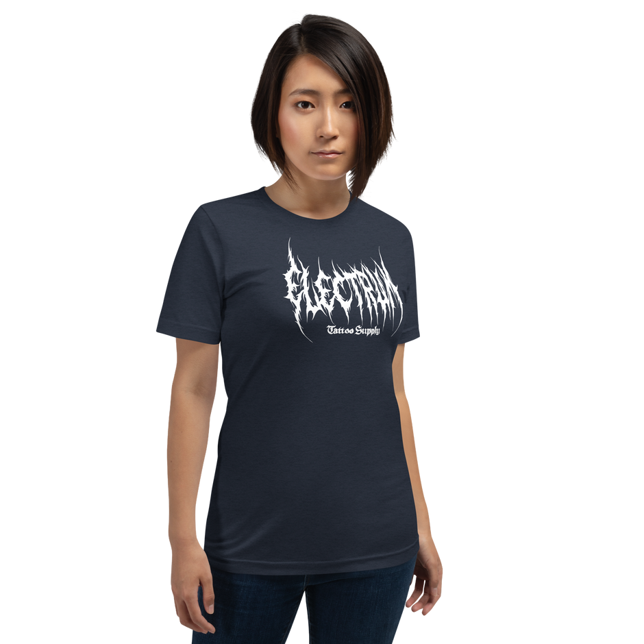 Person wearing a blue t-shirt with white text saying electrum tattoo supply in a metal inspired font