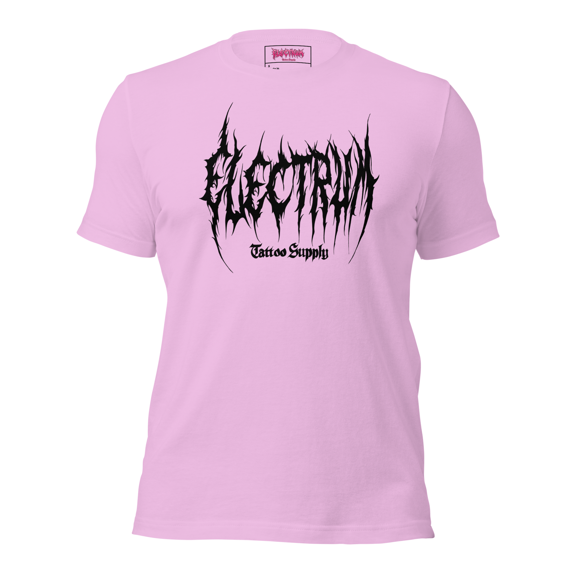 lilac t-shirt with black graphic metal font - electrum tattoo supply