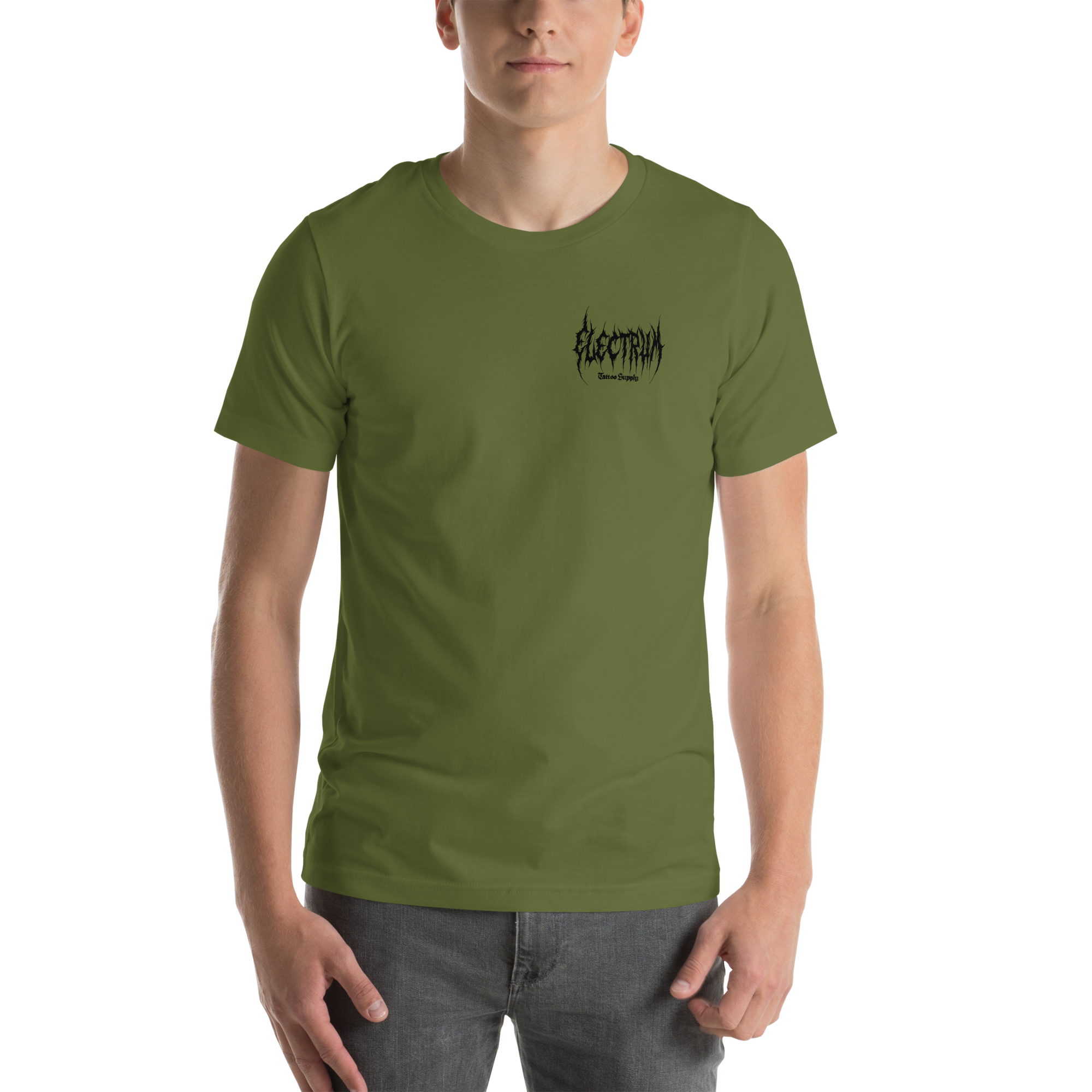 Person wearing a green t-shirt with a black electrum metal lettering logo on the chest
