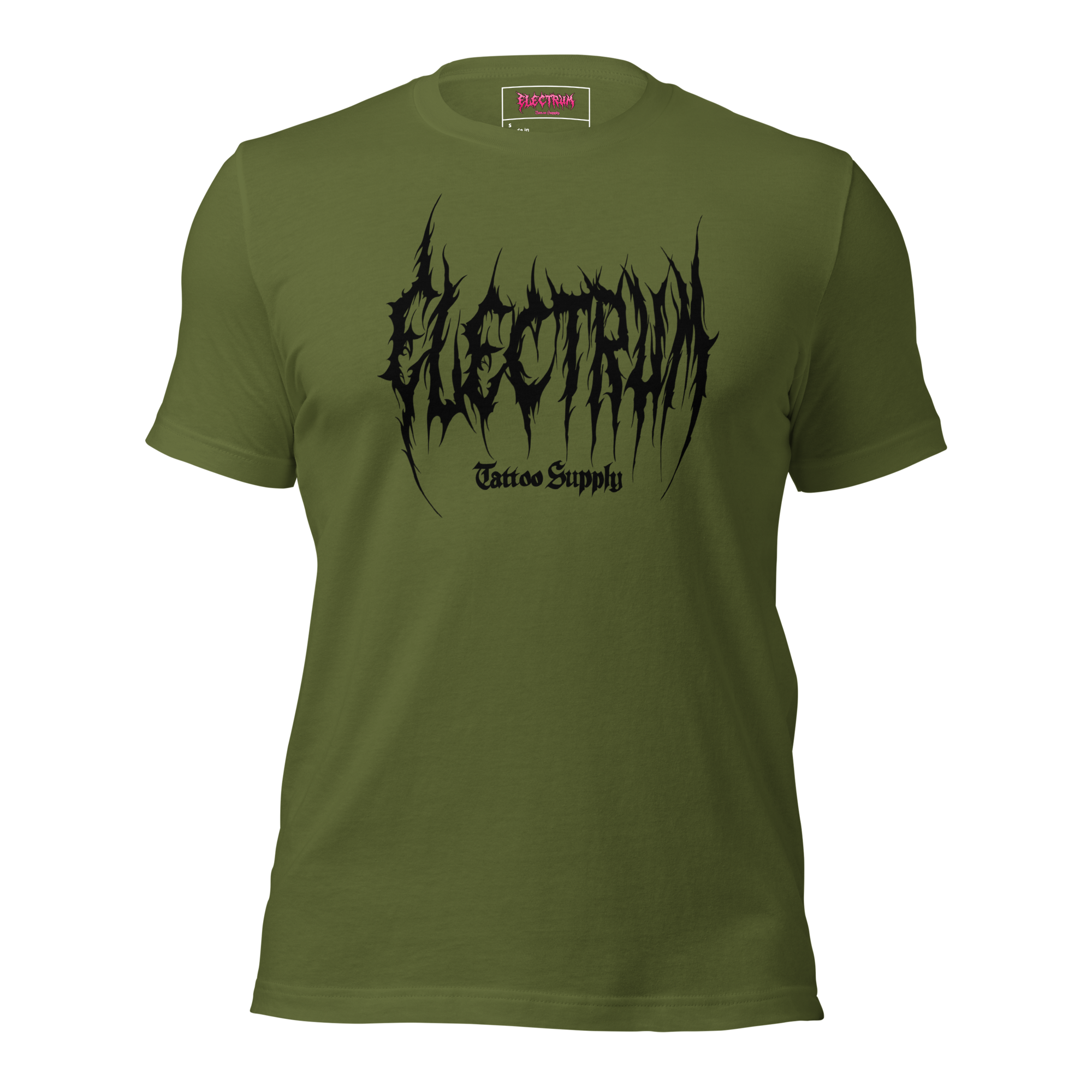 green t-shirt with black graphic metal font - electrum tattoo supply