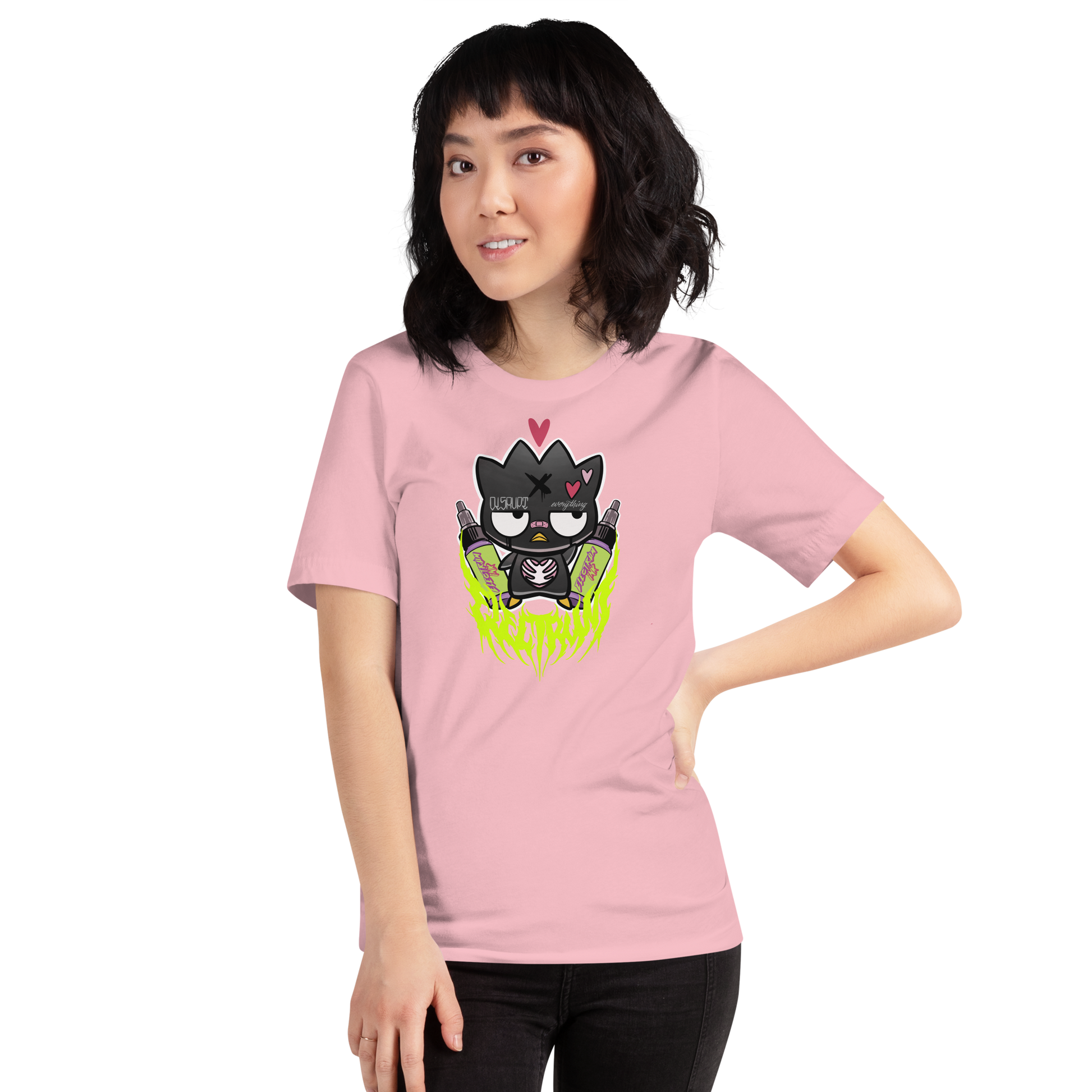 Person wearing a pink t-shirt with a black cat graphic on a white background Badtz-Maru black tee abracassdabra