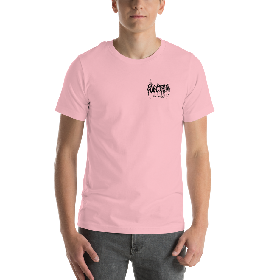 Person wearing a pink t-shirt with a black electrum metal lettering logo on the chest