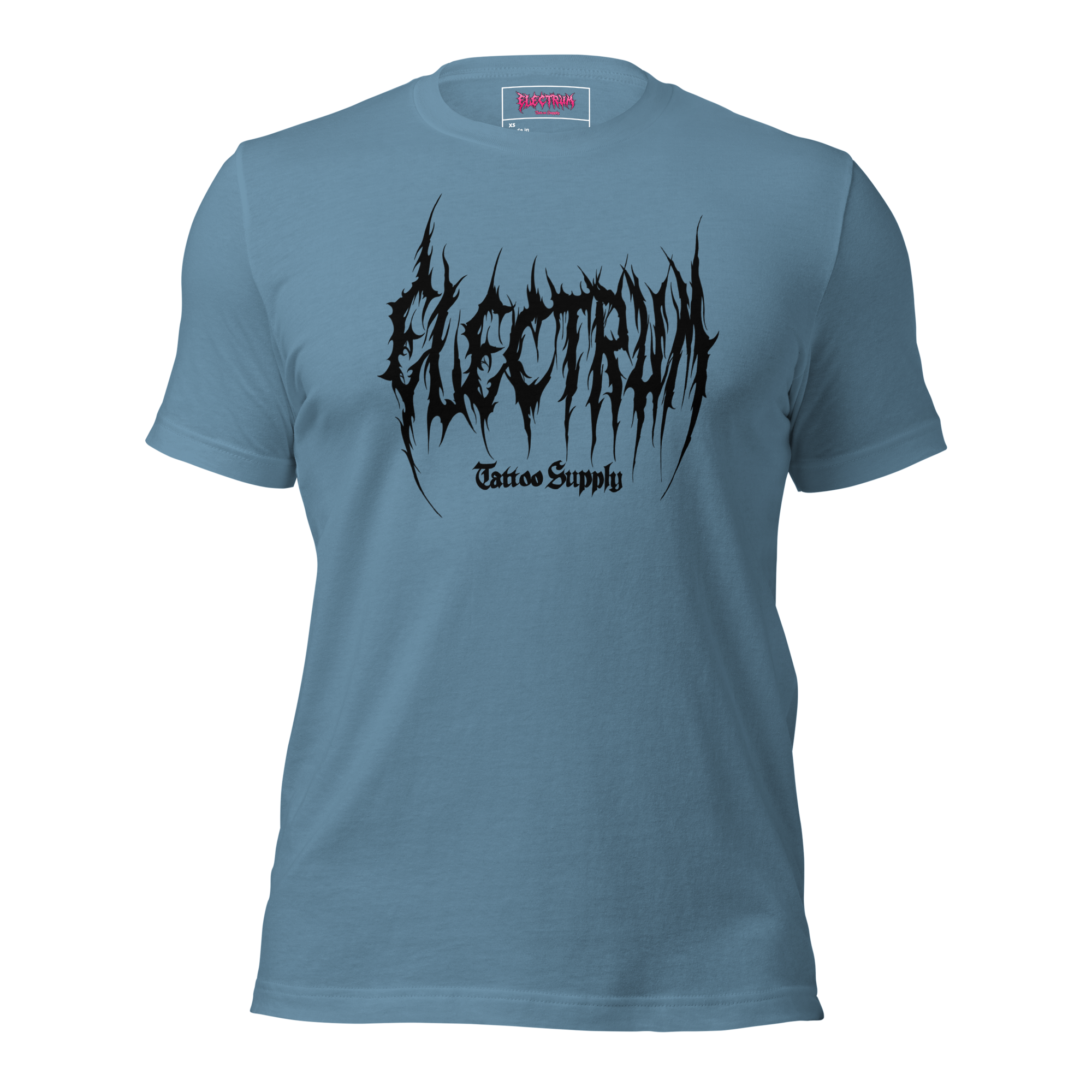 blue t-shirt with black graphic metal font - electrum tattoo supply