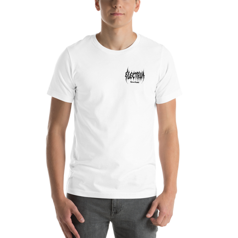 Person wearing a white t-shirt with a black electrum metal lettering logo on the chest