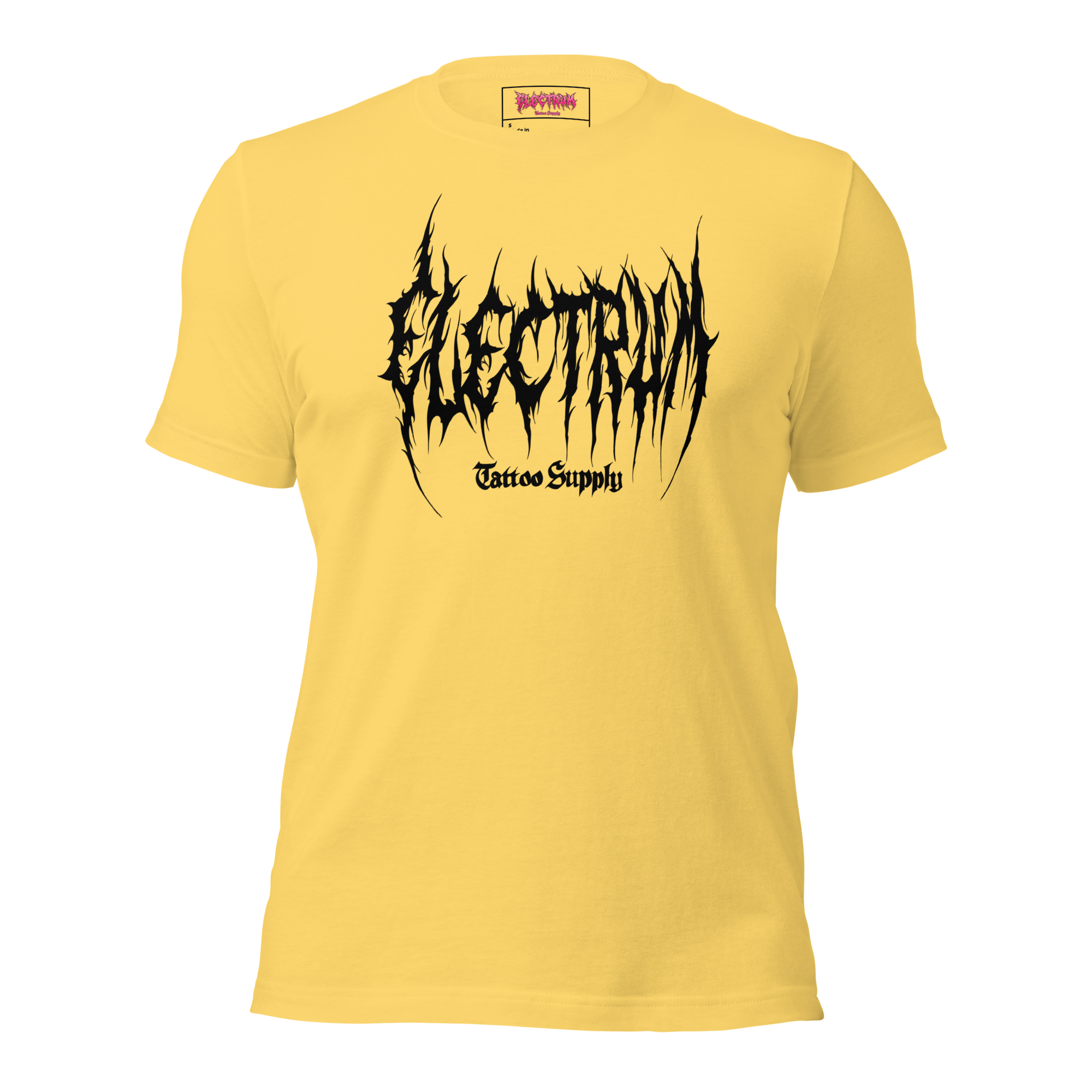 yellow t-shirt with black graphic metal font - electrum tattoo supply