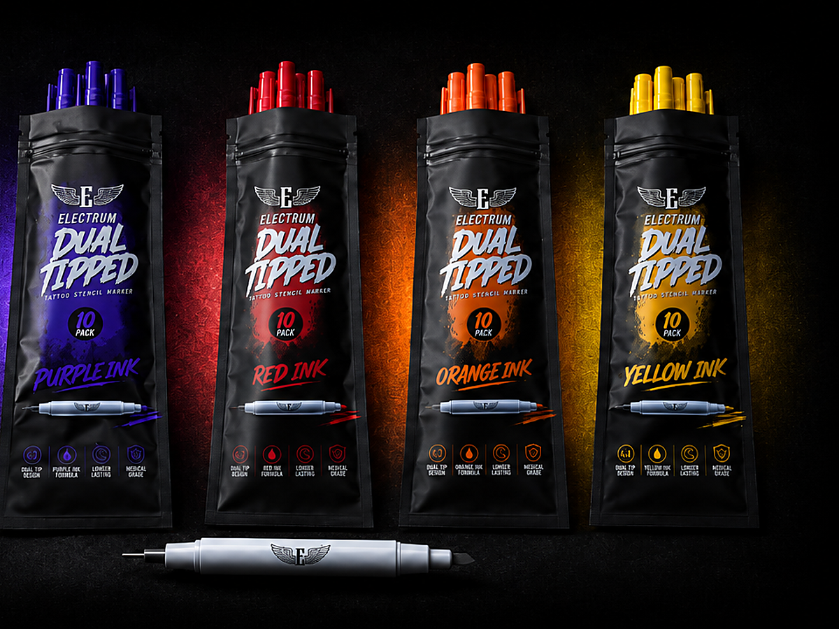 Electrum Dual Tipped Tattoo Stencil Marker 10 packs in purple, red, orange, and yellow ink with a dual tip marker