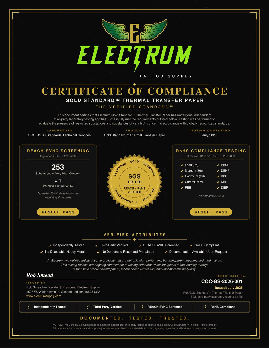Electrum Gold Standard Thermal Paper Certificate of Compliance — SGS tested, REACH SVHC screened, RoHS compliant