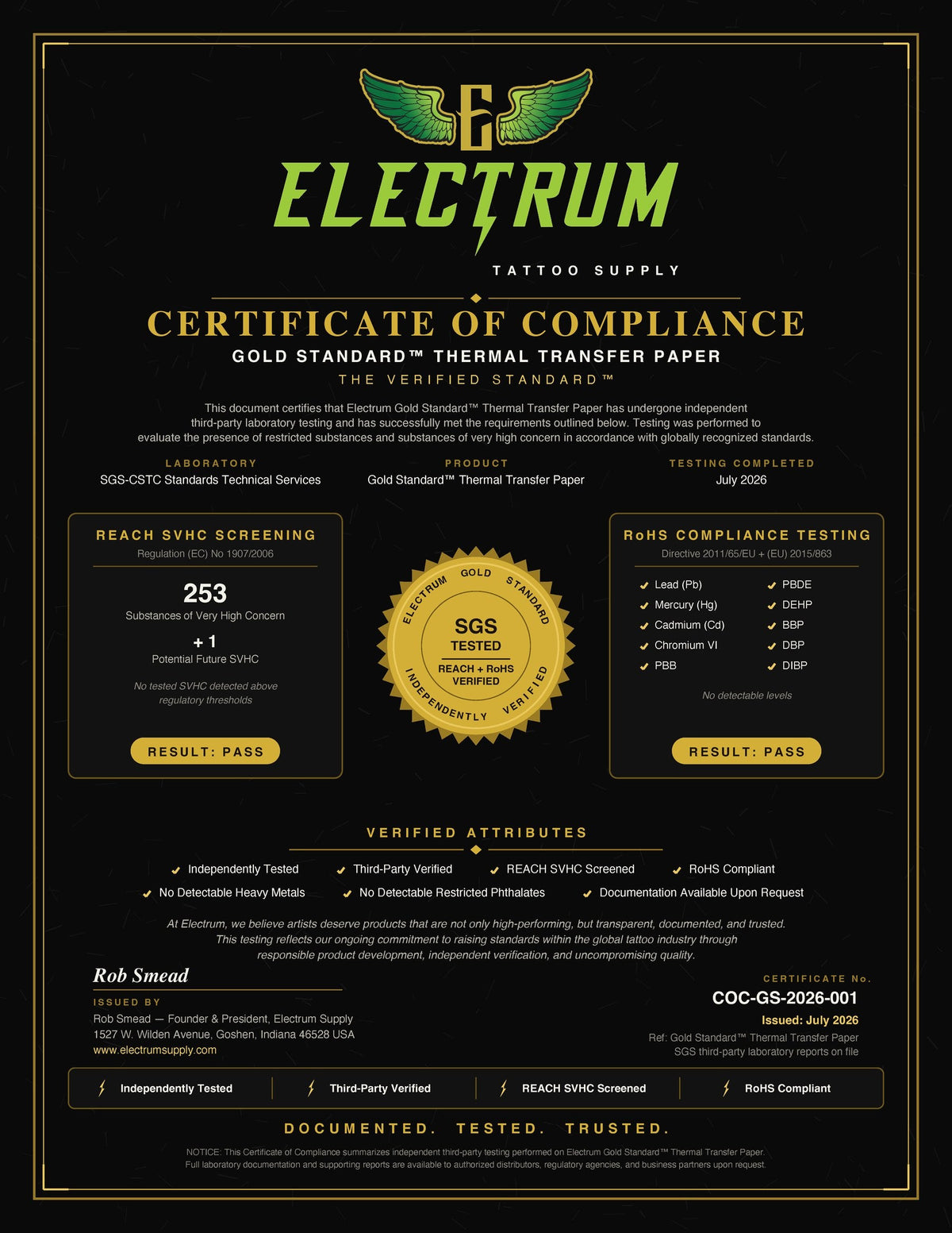 Certificate of Compliance COC-GS-2026-001 for Electrum Gold Standard Thermal Transfer Paper, tested by SGS-CSTC, REACH SVHC screened and RoHS compliant