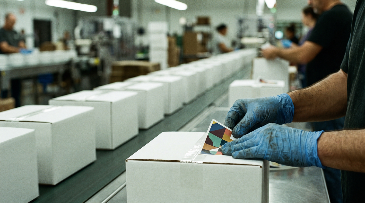 Identical boxes on a factory line receiving different labels