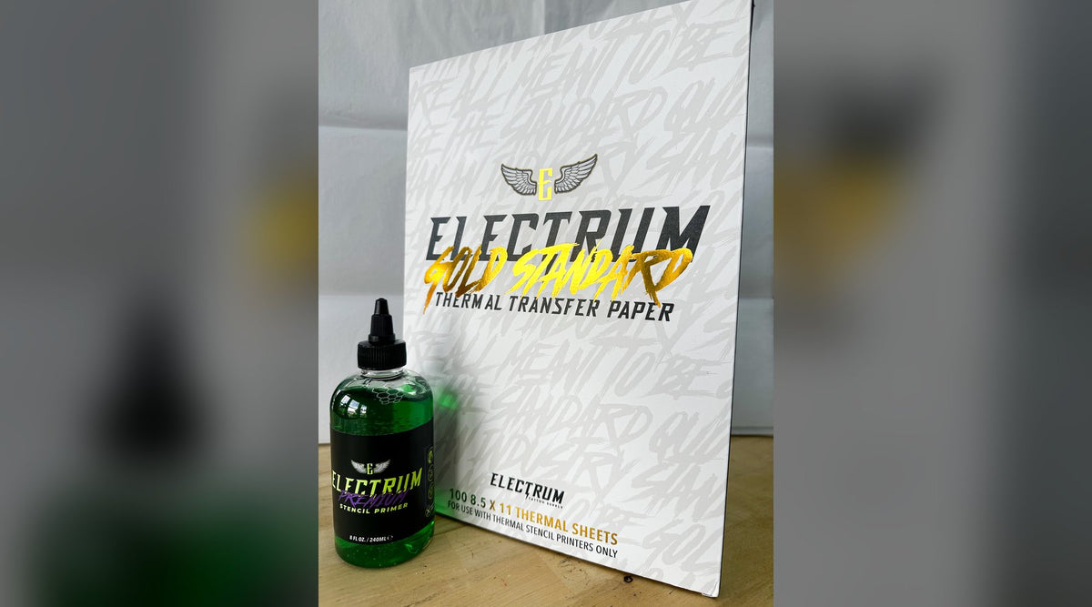 Electrum Premium Stencil Primer bottle in front of a box of Electrum Gold Standard Thermal Transfer Paper