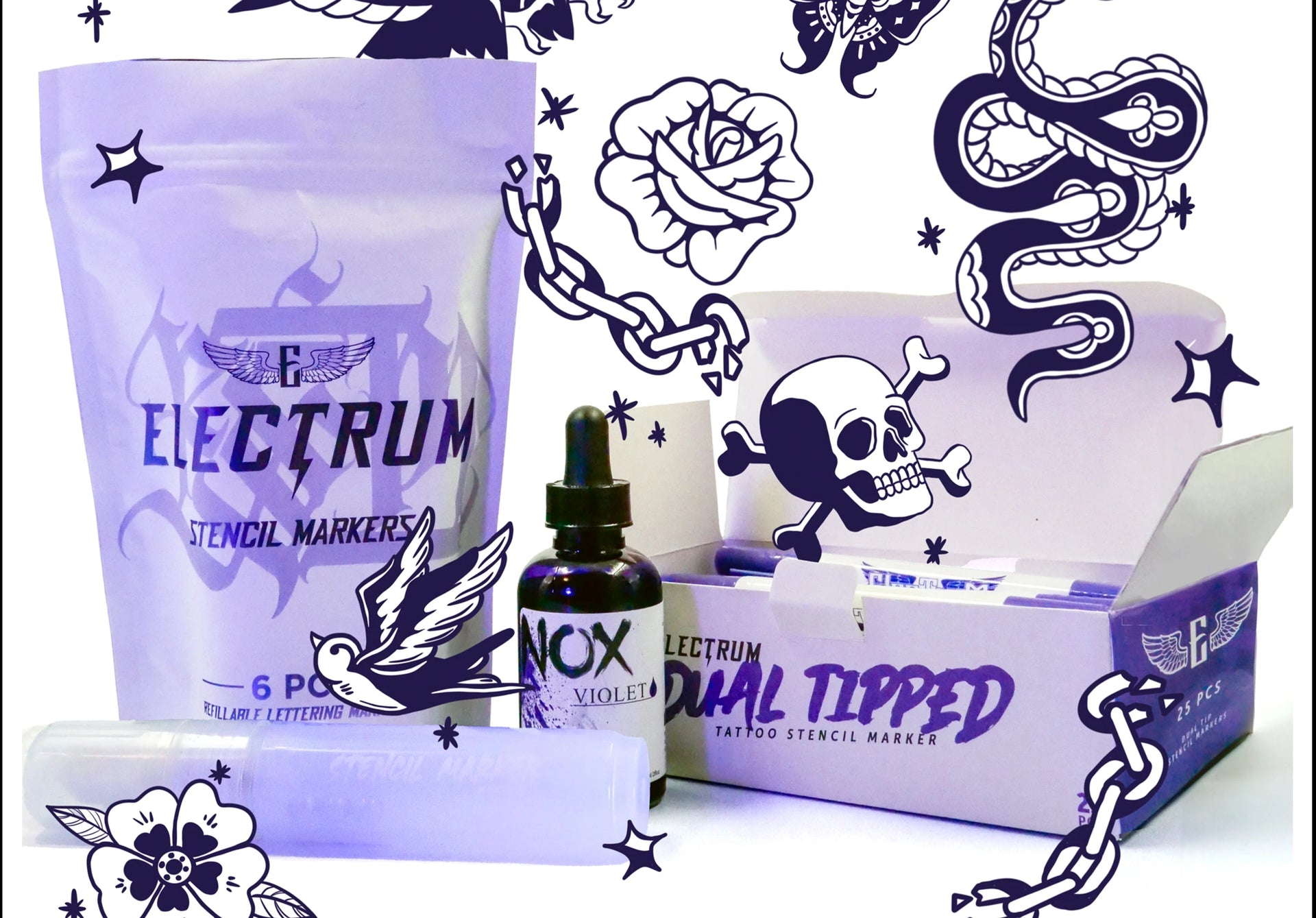 electrum stencil products like stencil markers, dual tipped markers and nox violet