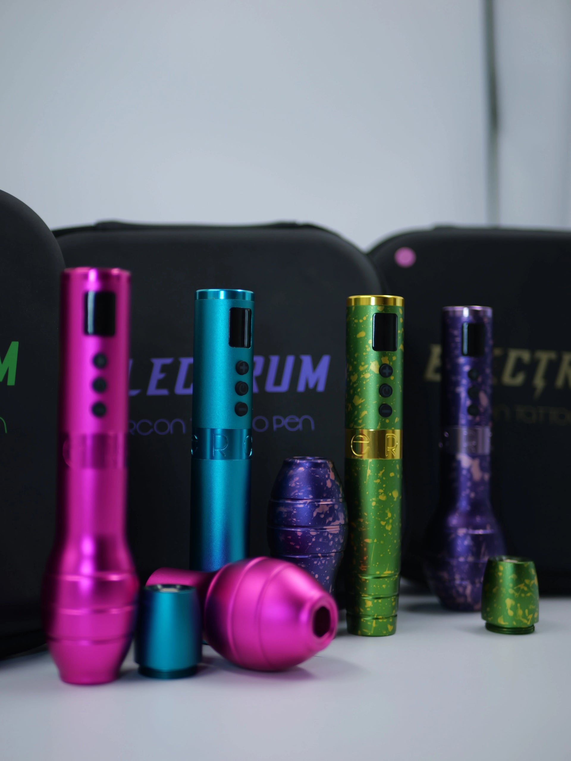 electrum ergon tattoo machines in pink, blue, green and purple 