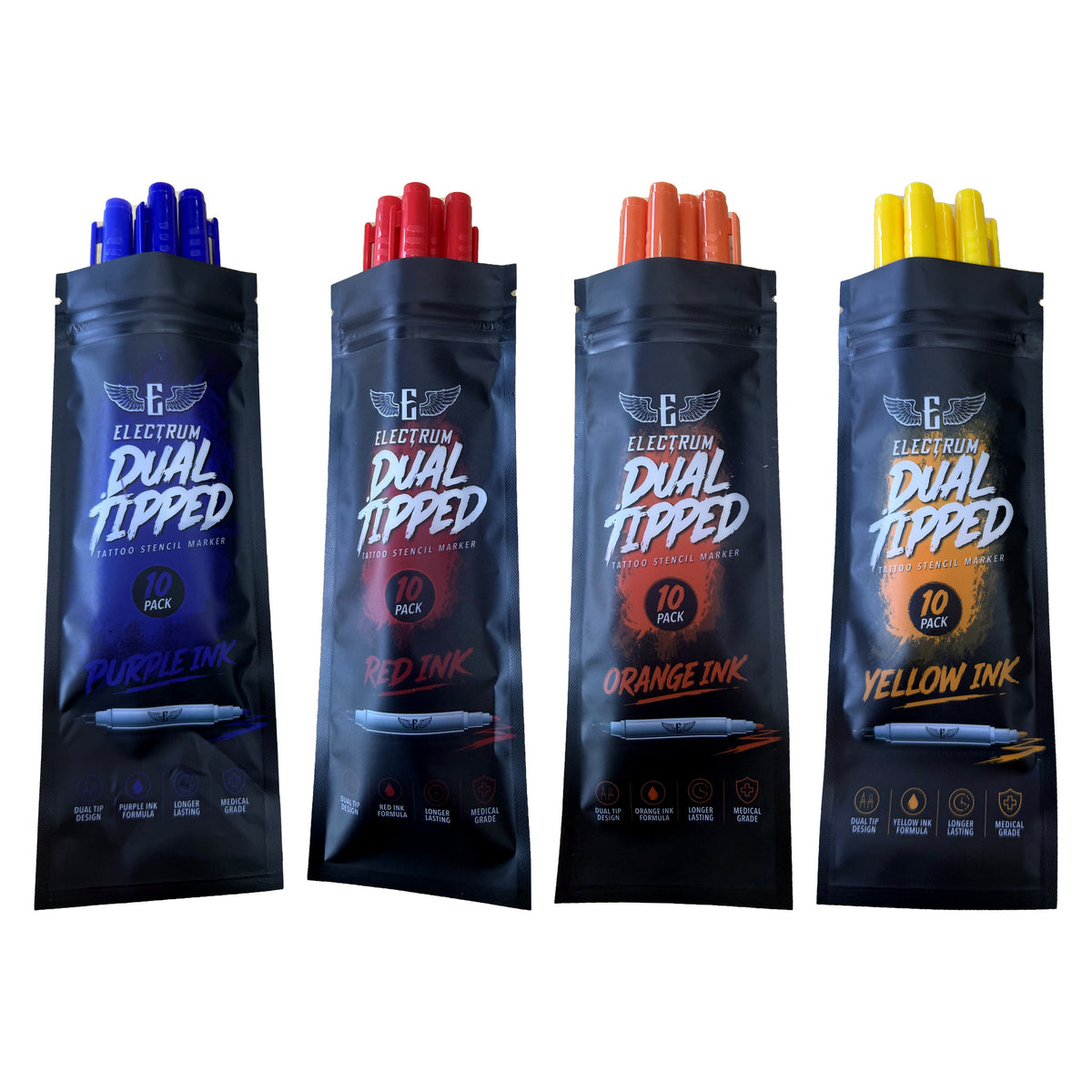 Electrum Dual Tipped Tattoo Stencil Marker 10 packs lined up in purple, red, orange and yellow ink