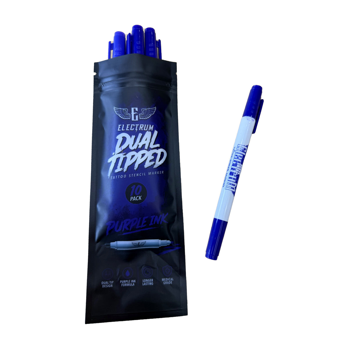 Electrum Dual Tipped Tattoo Stencil Marker 10 pack, purple ink, with one dual tip skin marker