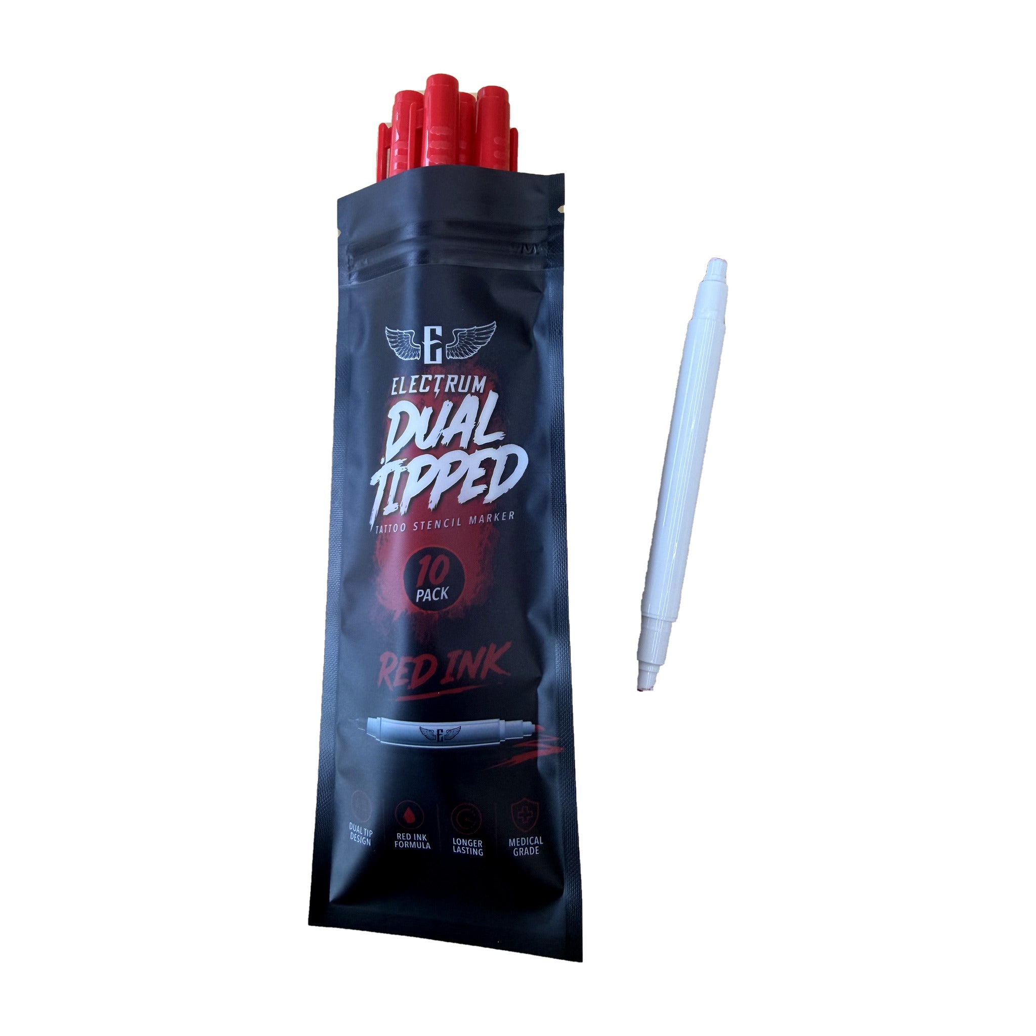 Electrum Dual Tipped Tattoo Stencil Marker 10 pack, red ink, with one dual tip skin marker