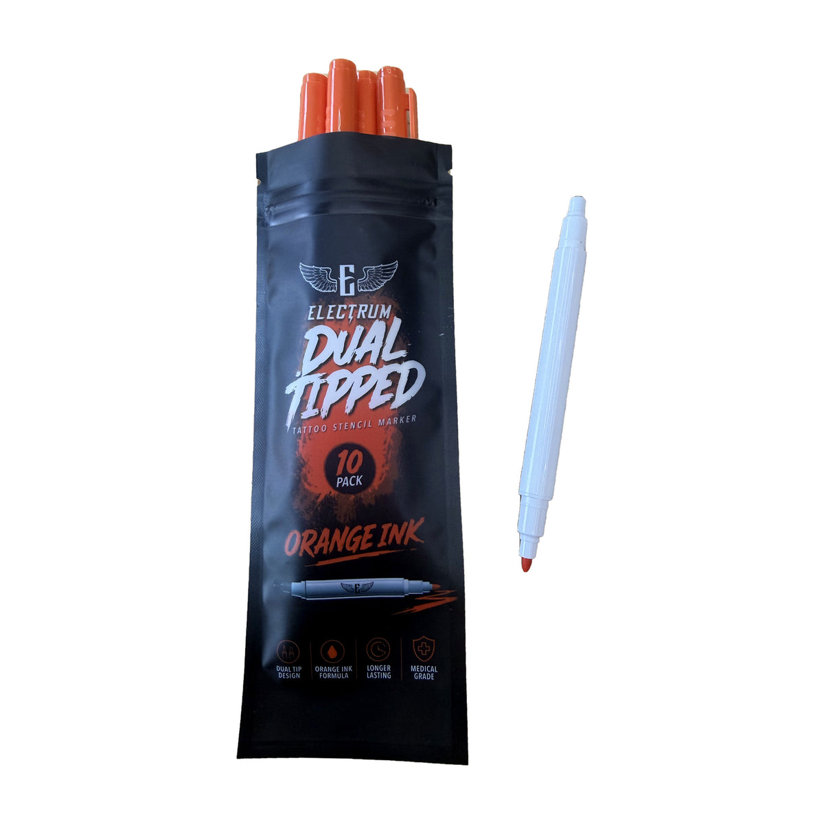 Electrum Dual Tipped Tattoo Stencil Marker 10 pack, orange ink, with one dual tip skin marker