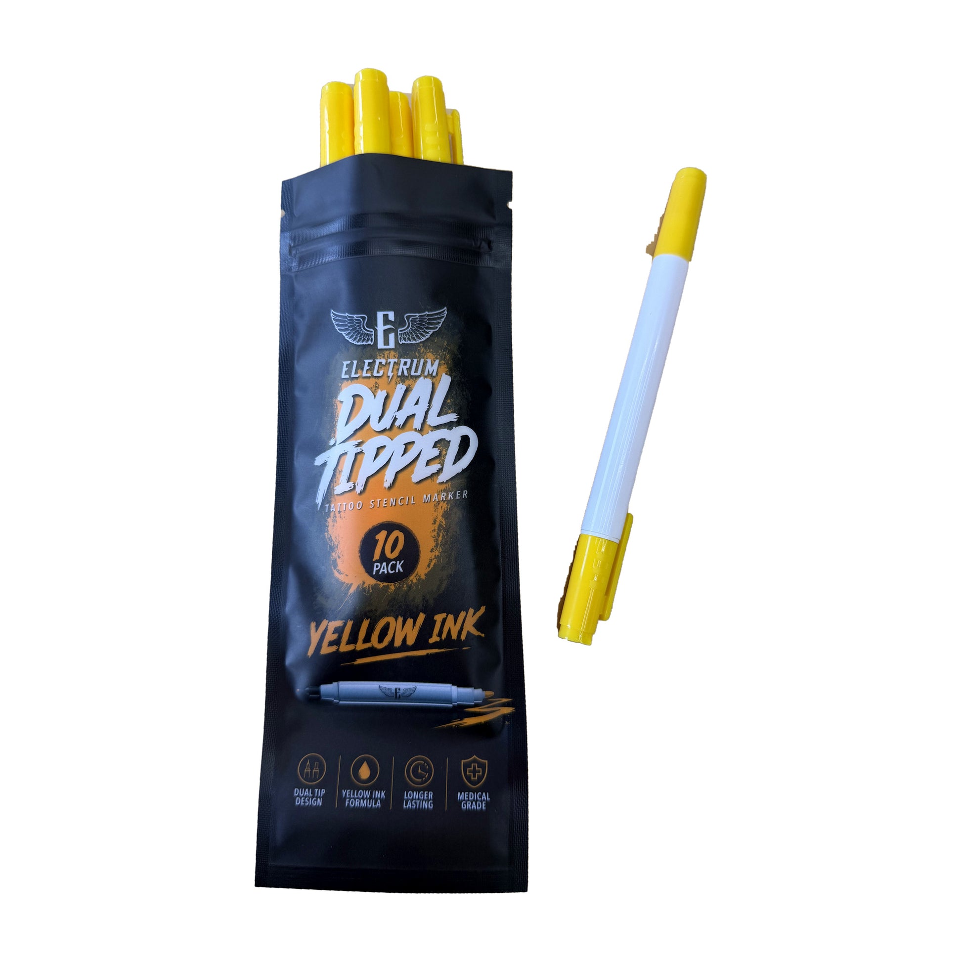 Electrum Dual Tipped Tattoo Stencil Marker 10 pack, yellow ink, with one dual tip skin marker