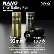 Three MARS Nano Short Battery Pens designed for tattooing, showing the device's display and highlighting its length and weight.