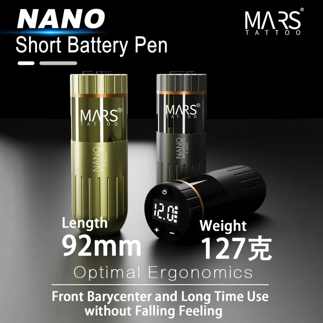 Three MARS Nano Short Battery Pens designed for tattooing, showing the device's display and highlighting its length and weight.