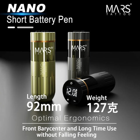Three MARS Nano Short Battery Pens designed for tattooing, showing the device's display and highlighting its length and weight.