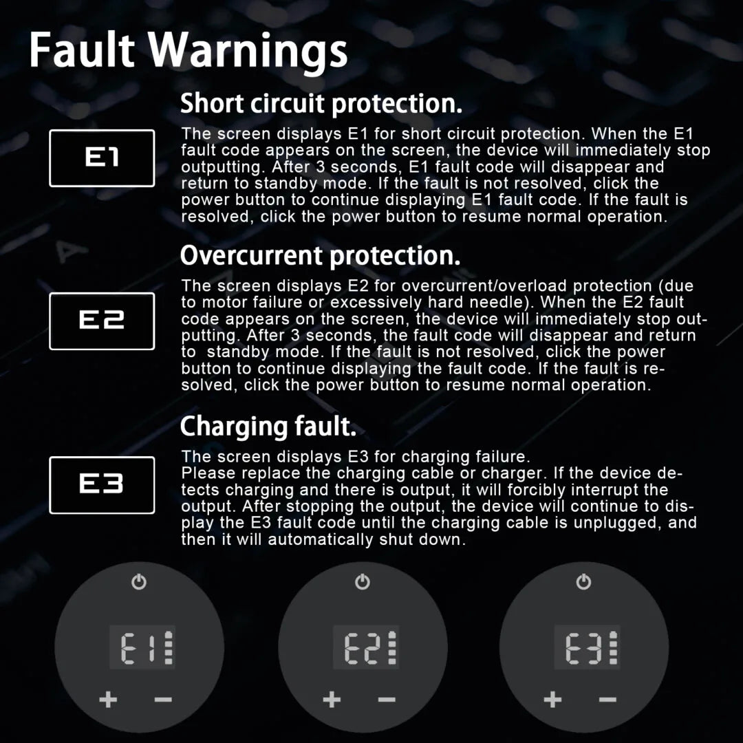 Fault warnings for Mars Tattoo machine