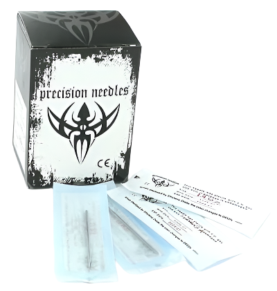 A box of 20g 2-inch body piercing needles from Precision Needles, with individual needles packaged in sterilized pouches, displayed in front of the box.