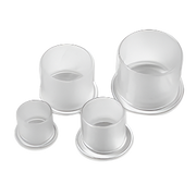 Set of four clear plastic cups on a white background