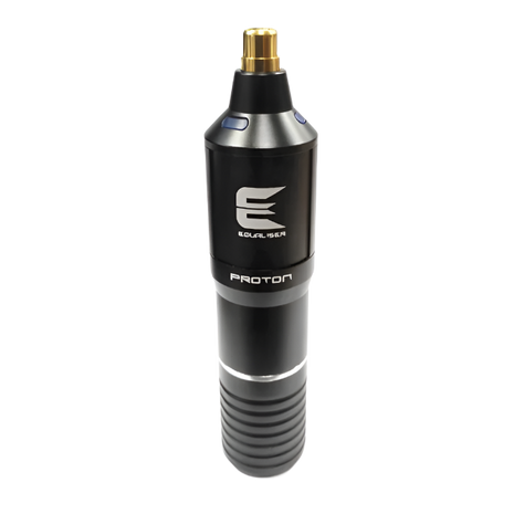 A black Kwadron Equaliser Proton Rotary Pen Tattoo Machine