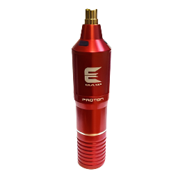 Red hair dryer with gold nozzle on a white background