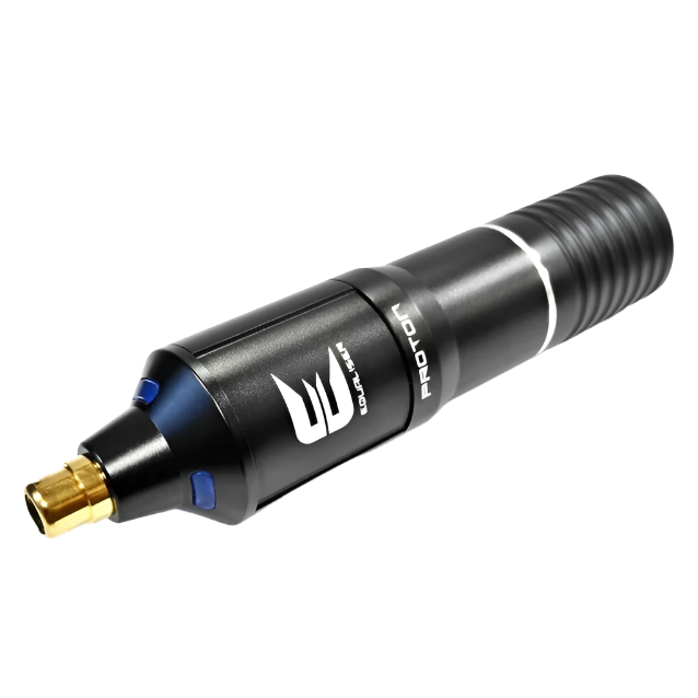 Black cylindrical tool with gold and blue accents on a white background