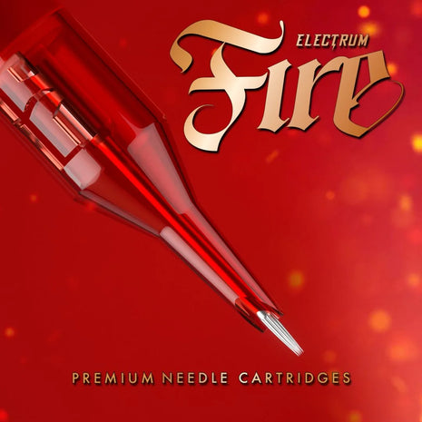 A product image of Electrum Fire Premium Needle Cartridges with a red background, showcasing a single tattoo needle cartridge with a sharp needle point visible at the front.