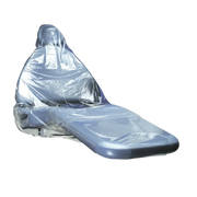 A clear plastic chair cover designed for protective barrier use, made from a disposable material 