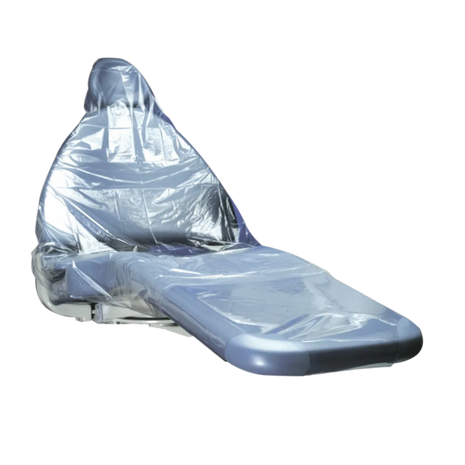 A clear plastic chair cover designed for protective barrier use, made from a disposable material 