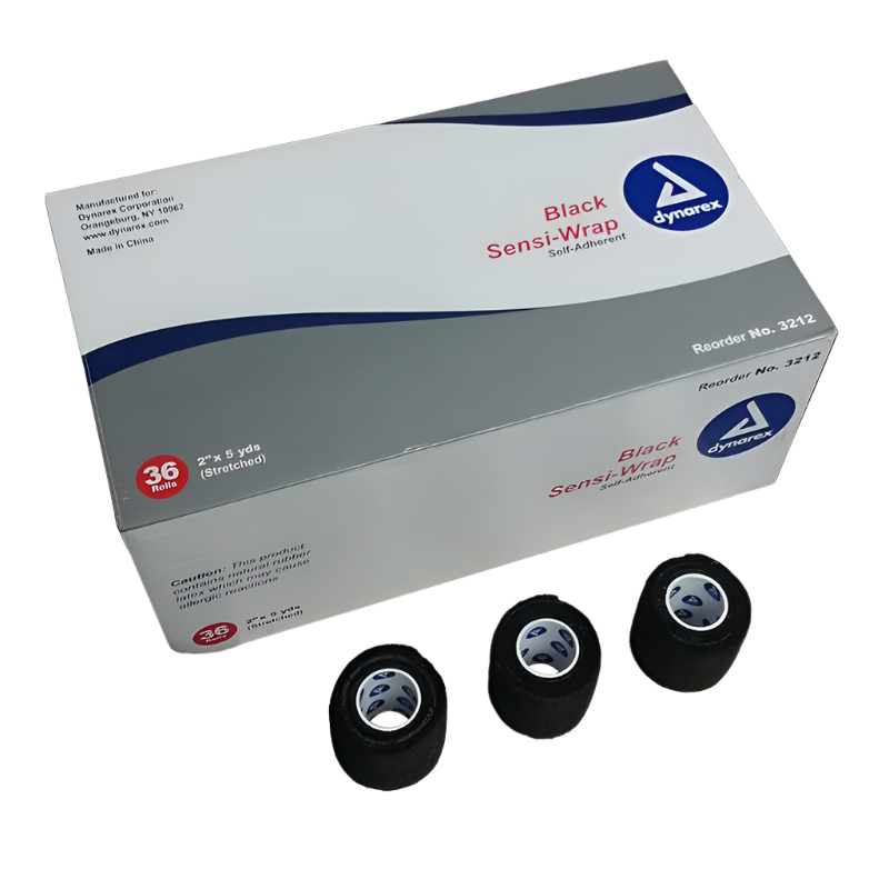 A box of Dynarex Sensi Wrap Tattoo Grip Tape with three rolls of black tape displayed in front of the box.