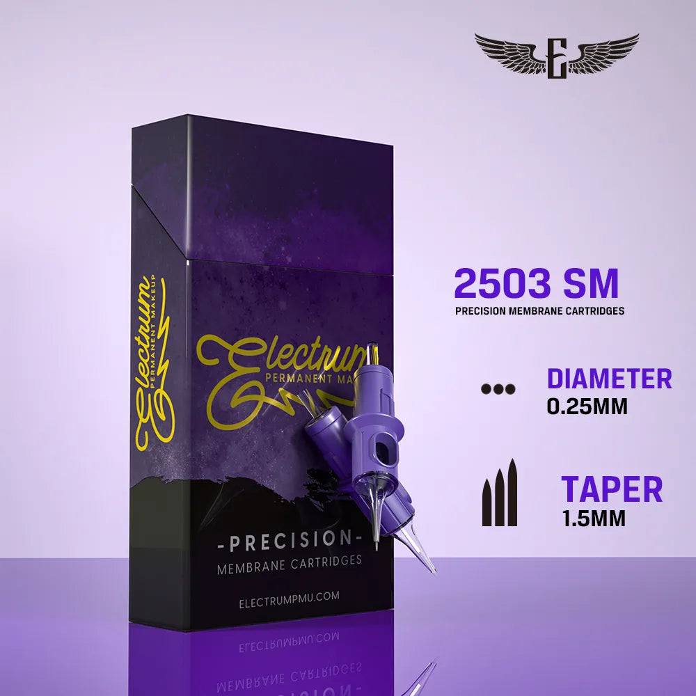 Box of Electrum Premium PMU Membrane Cartridge Needles for tattooing, with product information displayed.