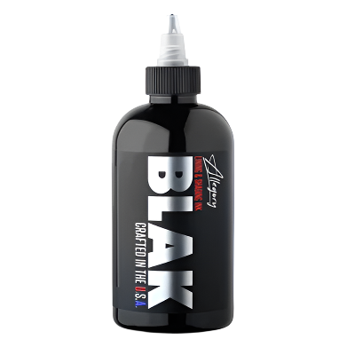 A black bottle of Allegory BLAK tattoo ink - its a black tattoo ink 