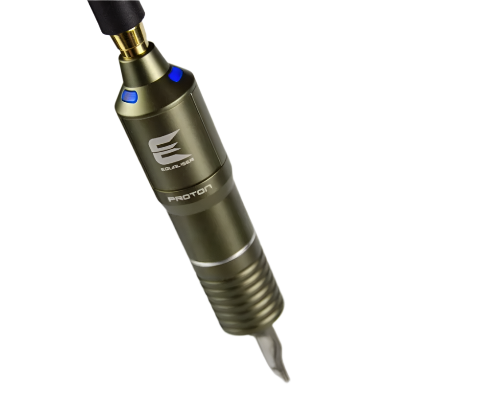 Tattoo machine pen with visible branding on a white background