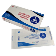 A box of Dynarex self-sealing sterilization pouches with blue-tinted transparent cover, indicating the size and product information.