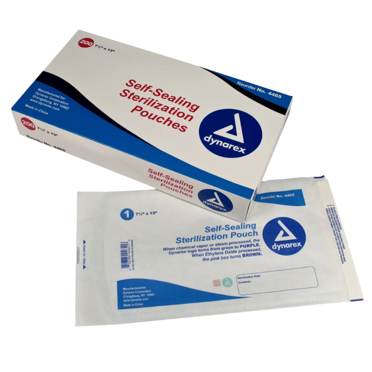 A box of Dynarex self-sealing sterilization pouches with blue-tinted transparent cover, indicating the size and product information.